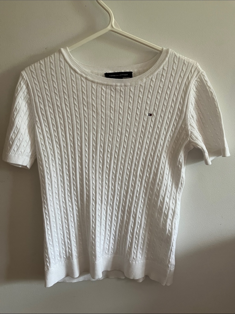 Tommy Hilfiger White Cable-Knit Short Sleeve Sweater